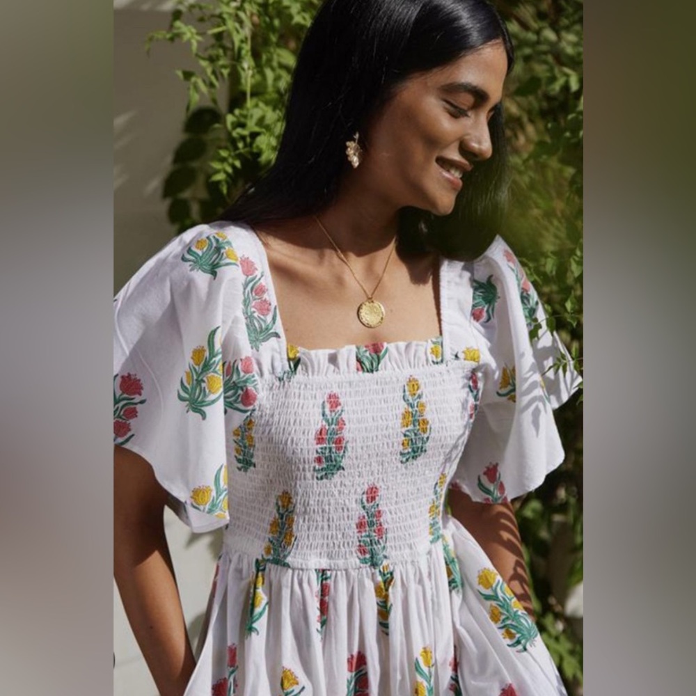 White Floral Maxi Dress with Smocked Bodice